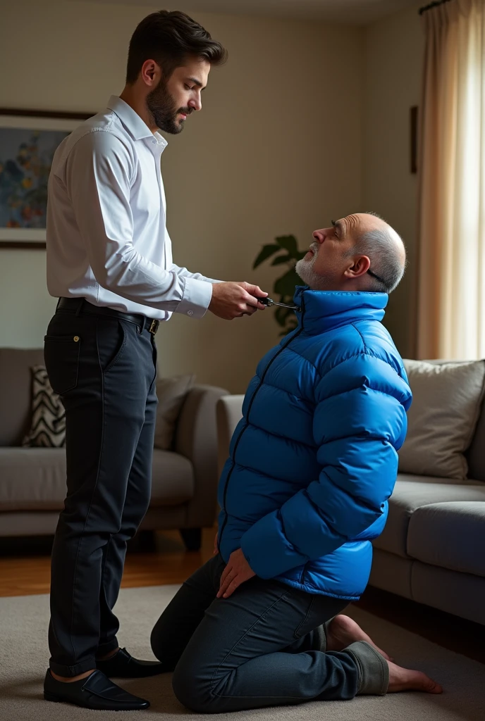 Create a hyper-realistic, males gay man BDSM image, high-resolution image showing two extremely handsome  brightly lit living room. The wonderful and seductive uncle, aged 42, with short hair beginning to show signs of balding, is wearing dark pants and an open, *extremely shiny blue nylon puffer jacket* that exposes his slightly hairy chest and slightly prominent belly. He is kneeling on the floor, *wearing a collar around his neck*, being pulled by his gorgeous dominnering nephew, a 26 yo man with a naturally attractive physique, dressed in a formal shirt and casual pants, stands next to his wonderful submissive uncle. (((The *nephew pulls the collar with a confident and authoritative expression*, while the uncle, *kneeling*, looks up with a submissive expression))). The living room is natural high iluminate, with normal, comfortable decor that enhances the realism of the scene. The image should capture every detail with precision, emphasizing the interaction and contrast of roles between the two men with natural high ilumination highliging the realistic males man. High resolution, Super detail, Best quality, Anatomically correct, Accurate.