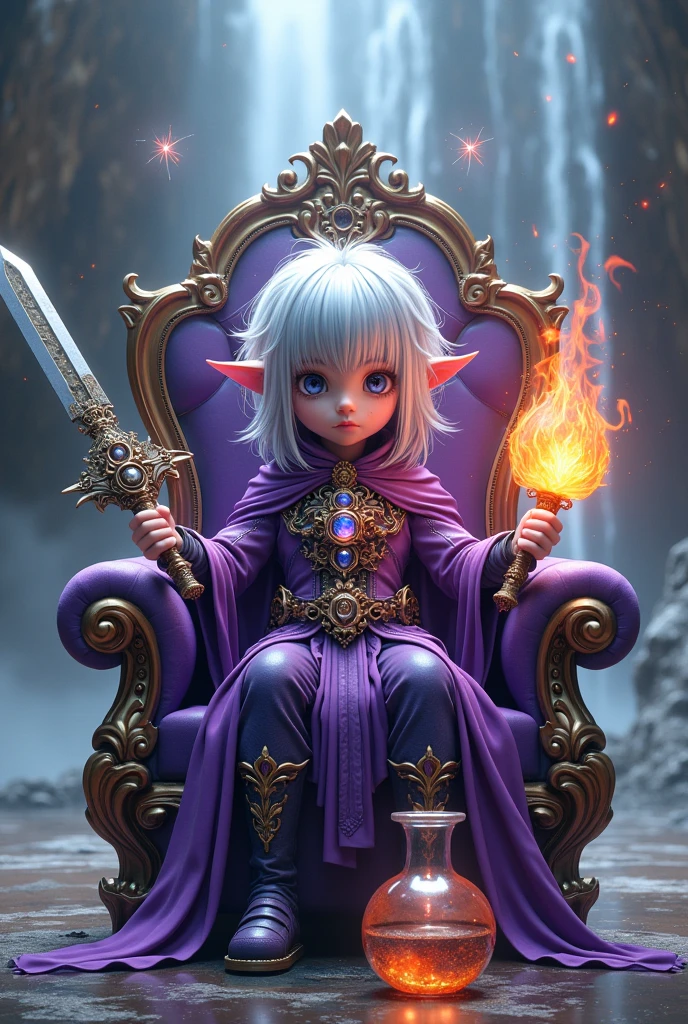 Surreal Very detailed Ultra Fantasy Ultimate Details Ultra-high resolution 8K 32k 3D clear, Beautiful Eyes Silver Hair sit assassin child mechanical engineering Mechanic Art . intricate and elaborate design, おmoney, money Silver Silver 紫 Black-purple Dynamic pose Cinema Lighting Magic spell aura 神秘的Chairにsit A dragon spits fire from its shoulders big, luxurious amulet made of money Bright colors girl A beautiful and mysterious magician Nice, Mysterious and cool tiara The ultimate mysterious design devil'Rainbow Armor 神秘的なdevil'Chair Luxurious Armor girl Breaking the Magic Seal The pitcher at my feet is overflowing with force.. 右手にdevil的メタリックな大剣を持っている In his left hand he holds a flaming morning star Head Jewelry background, A waterfall flows from the top right. Gold Gauntlet Mystical Cross Necklace Princess Gorgeous Tiara Purple costume A large water bottle at your feet Water overflows from the water bottle