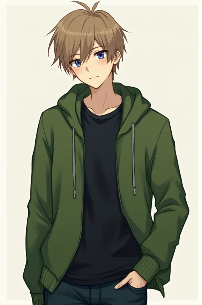 male light brown hair, green hoodie, dull blue eyes, black shirt, obey me shall we date artstyle