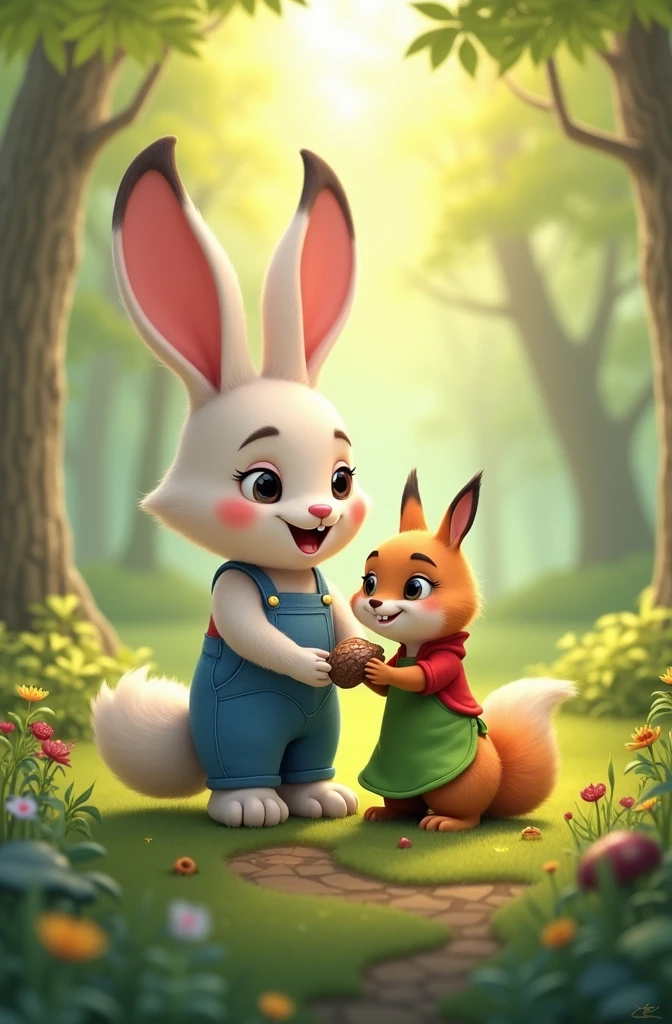 Anthropomorphic squirrel, wearing a green apron, holding a nut; anthropomorphic fox, wearing a red jacket, smiling; bunny wearing blue overalls; three animals talking in the forest, sunlight filtering through leaves