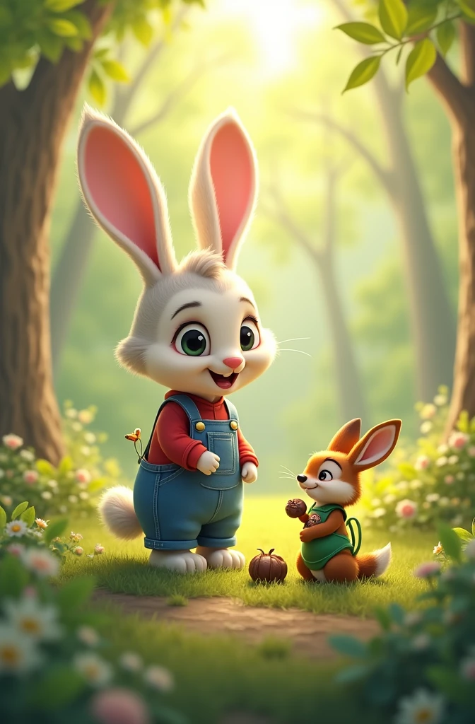 Anthropomorphic squirrel, wearing a green apron, holding a nut; anthropomorphic fox, wearing a red jacket, smiling; bunny wearing blue overalls; three animals talking in the forest, sunlight filtering through leaves