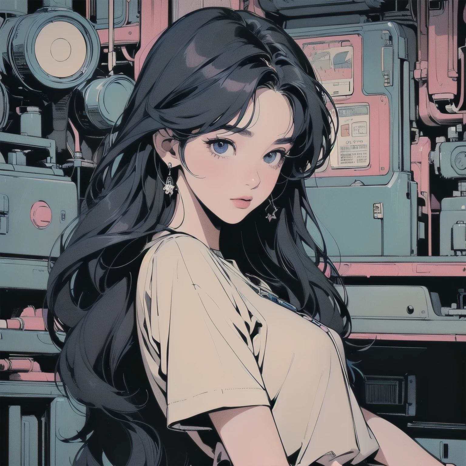 (((masterpiece, Highest quality)))、(((32K Wallpapers)))、The most detailed machine、(((The most detailed and colorful futuristic machine and a woman)))、The most detailed background、(((Flat Chest)))、(((Surrounded by many complex, sophisticated, futuristic machines)))、head shot,((((more various angle))))、A perfect machine、(((Completed and detailed beautiful face)))、(((The most complete machine of the future)))、Detailed Hair、anime、mysterious、(((Dull colors)))、(((highlight)))、(((Short sleeve shirt)))