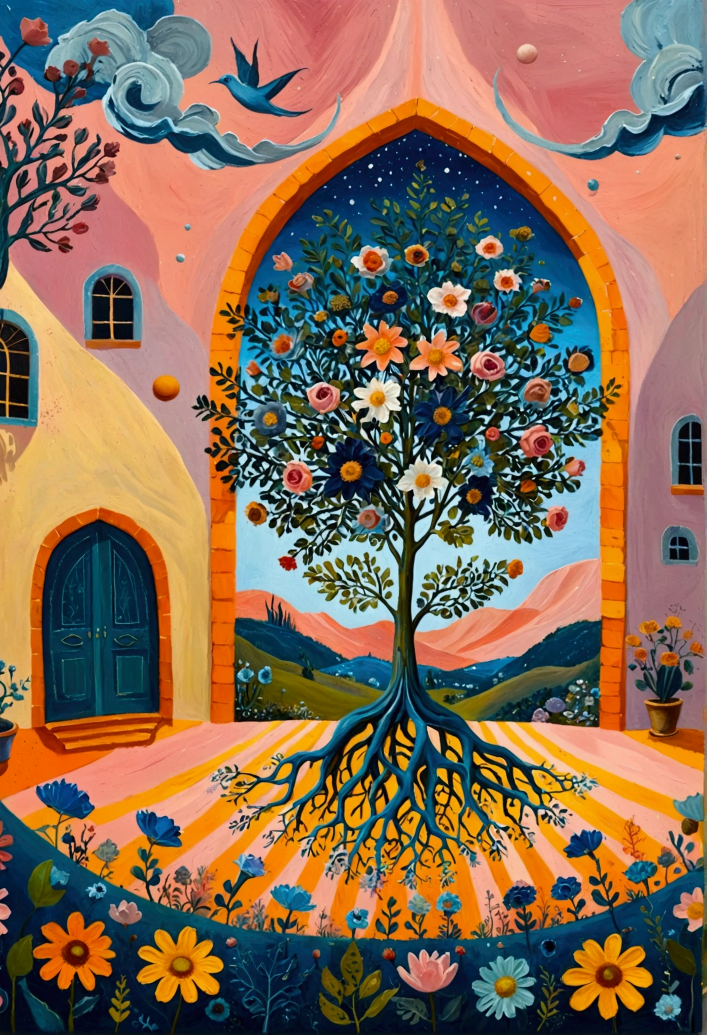 painting of a room with a plant and several hands reaching out of it, surreal painting, surrealistic painting, a surrealist painting, surrealist painting, surrealist artwork, surrealism aesthetic, surreal oil painting, surreal illustration, surrealist art, whimsical surrealism, dreamy painting of coronavirus, surreal art, abstract surrealism masterpiece, abstract surrealism, surrealistic style