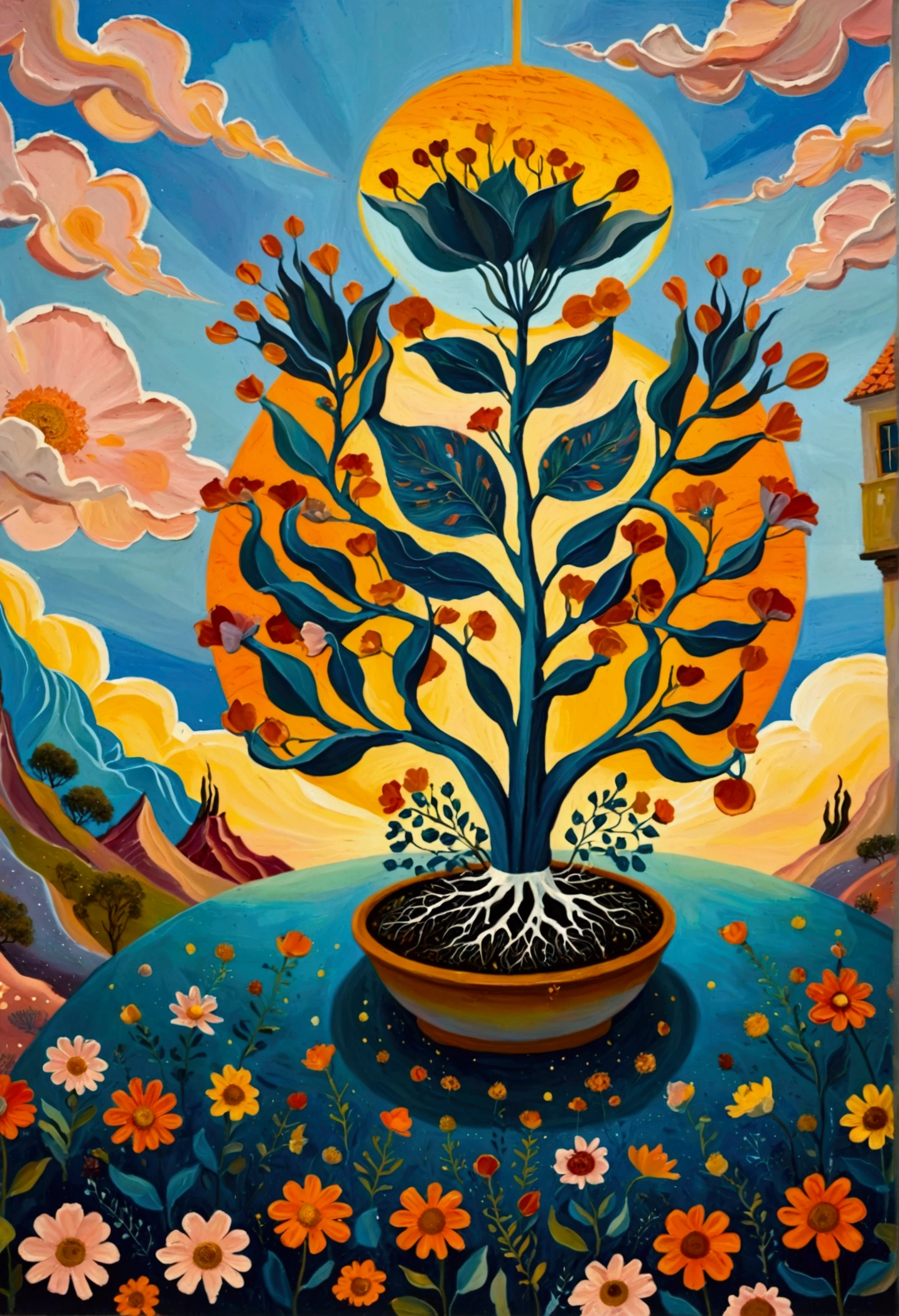 painting of a room with a plant and several hands reaching out of it, surreal painting, surrealistic painting, a surrealist painting, surrealist painting, surrealist artwork, surrealism aesthetic, surreal oil painting, surreal illustration, surrealist art, whimsical surrealism, dreamy painting of coronavirus, surreal art, abstract surrealism masterpiece, abstract surrealism, surrealistic style