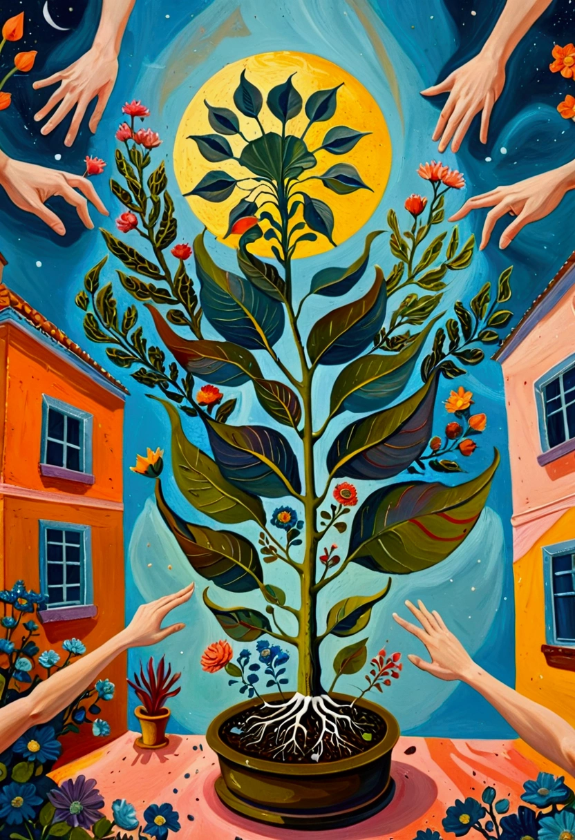 painting of a room with a plant and several hands reaching out of it, surreal painting, surrealistic painting, a surrealist painting, surrealist painting, surrealist artwork, surrealism aesthetic, surreal oil painting, surreal illustration, surrealist art, whimsical surrealism, dreamy painting of coronavirus, surreal art, abstract surrealism masterpiece, abstract surrealism, surrealistic style