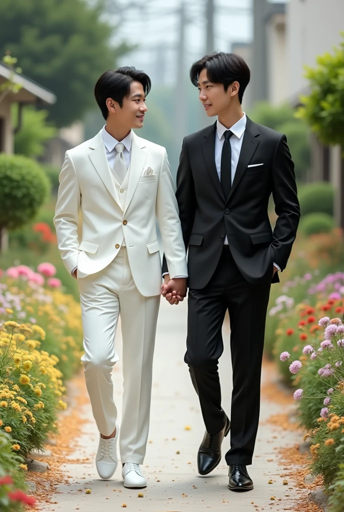 Young Korean man in a white suit and white shirt, and a white tie in white shoes, walks close to his tall male friend, who is dressed in a black suit with a white shirt and a black tie in black shoes, They hold hands and walk along an alley of different small flowers