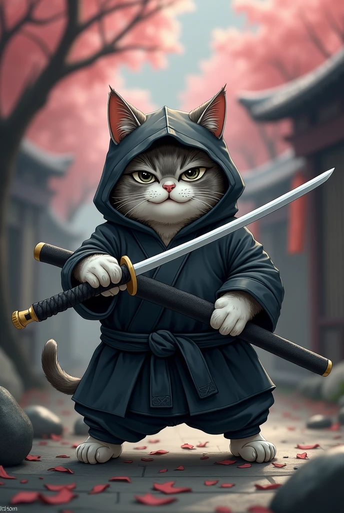 Drawing of a slightly overweight grey tabby cat, dressed as a ninja and holding a katana.