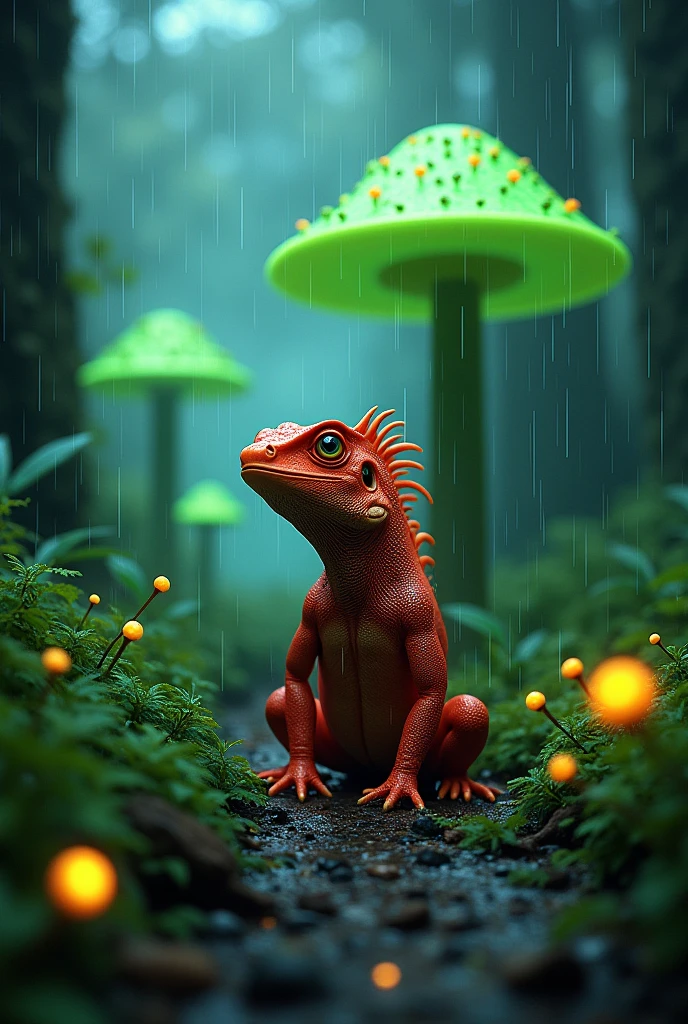 Big mushrooms glowing green forest red iguana rain