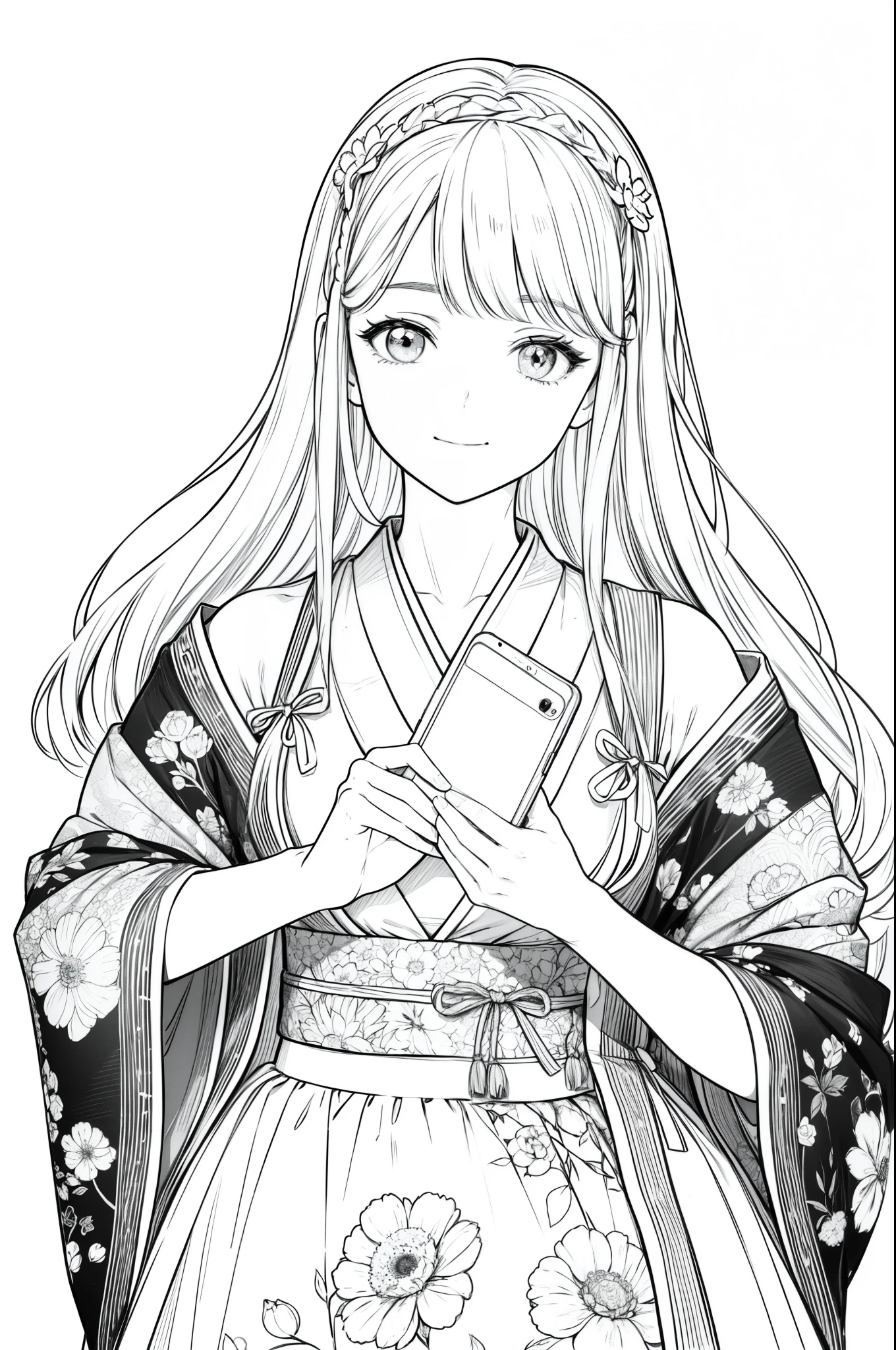Masterpiece, top class, unique, cute, flowers, line drawing background, white background, monochrome, line drawing, ((sketch)), creepy, white eyes, create a monochrome coloring book that even adults can easily do, a realistic and cute ukiyo-e of a smiling girl wearing a kimono with Mount Tsukuba in the background, hold it in your hand with your smartphone and convey Japanese culture.