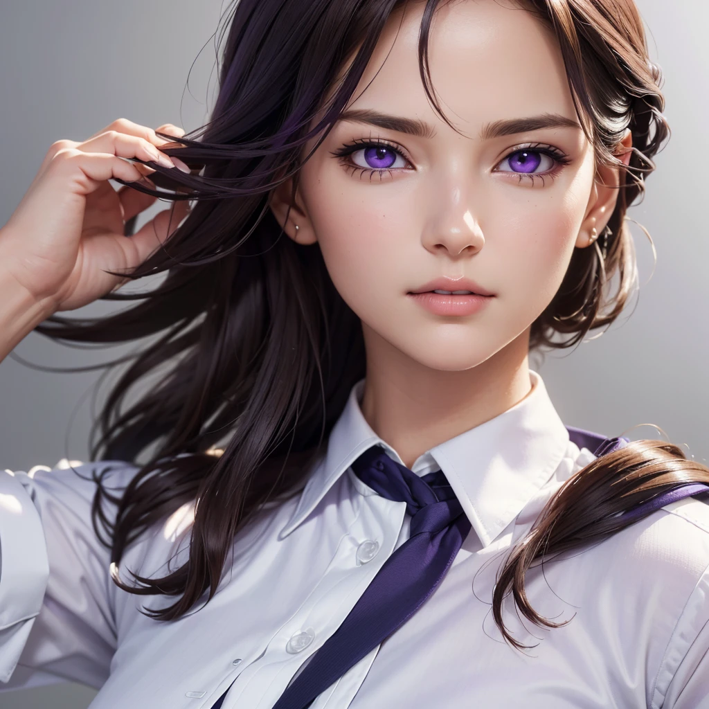 (((Purple Eyes)))、(masterpiece, Highest quality, photoRealistic, High resolution, photograph, :1.3), Extremely close up shot, Sharp focus, 30 year old mature woman、Hot Model, Highly detailed eyes and pupils, Realistic skin, Slim figure, Wavy long hair、Dark brown hair、Glasses、 Delicate and sexy face, Sensual Gaze, Glossy Lips, ((Wearing a white shirt and navy suit))、((Realistic, super Realistic, realism, Realistic detail))、Gray background