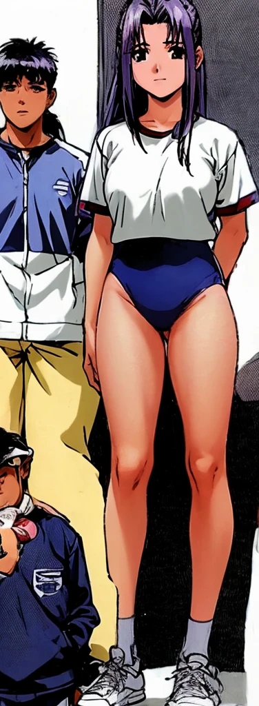 Momoko Koigakubo, a tall girl with beautiful legs, stands in a white gym uniform and light navy blue bloomers that look like panties.。A second-grade boy wearing a tracksuit is standing next to Momoko Koigakubo and is being held by her.。