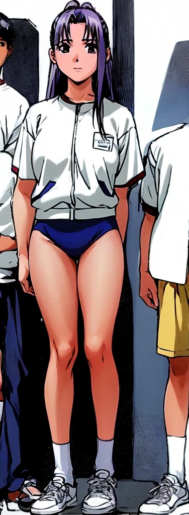 Momoko Koigakubo, a tall girl with beautiful legs, stands in a white gym uniform and light navy blue bloomers that look like panties.。A second-grade boy wearing a tracksuit is standing next to Momoko Koigakubo and is being held by her.。