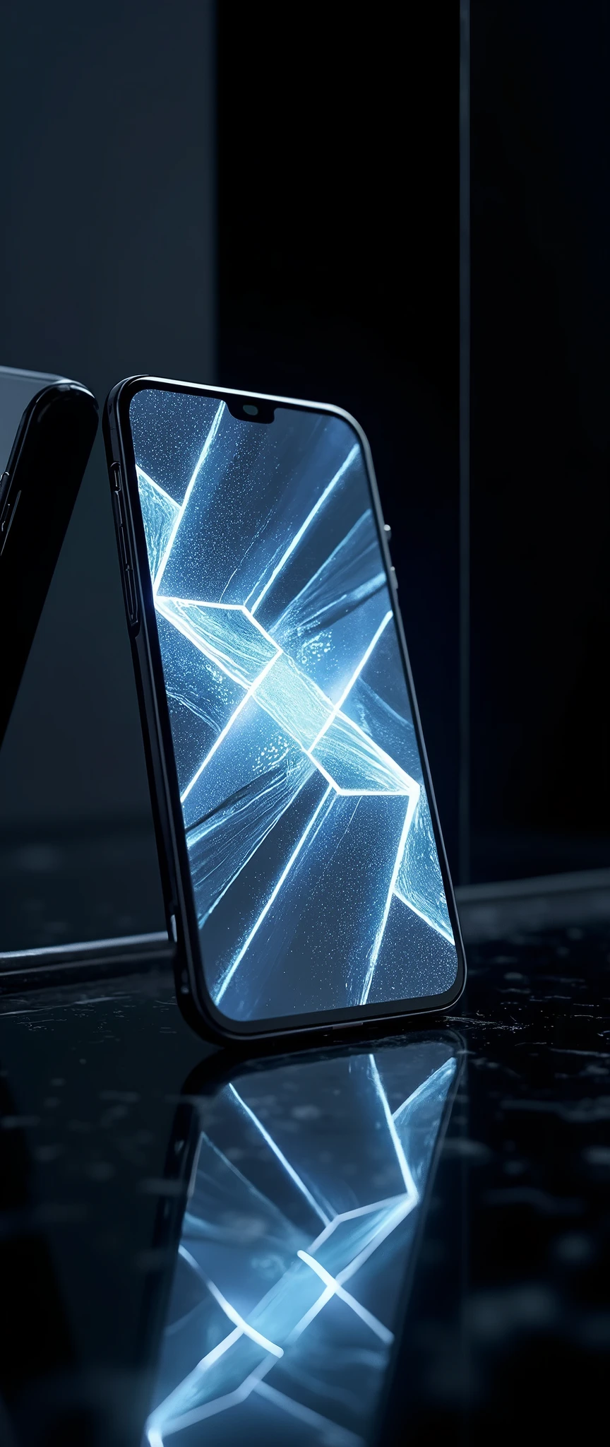 (masterpiece:1.2,Exceptional Quality,mirror-like,Cinematic Experience,Photorealistic:2.0,RAW Photos:2.0),8k,wallpaper,(Geometric patterns of light are projected onto the smartphone screen:2.0),(Smartphone advertising image),(Smartphone propped up at an angle:2.0),(Black background:Mirrored Room 2.0)