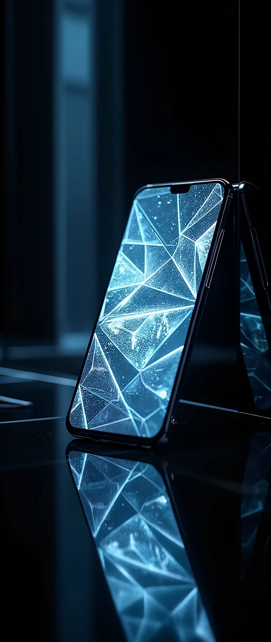(masterpiece:1.2,Exceptional Quality,mirror-like,Cinematic Experience,Photorealistic:2.0,RAW Photos:2.0),8k,wallpaper,(Geometric patterns of light are projected onto the smartphone screen:2.0),(Smartphone advertising image),(Smartphone propped up at an angle:2.0),(Black background:Mirrored Room 2.0)