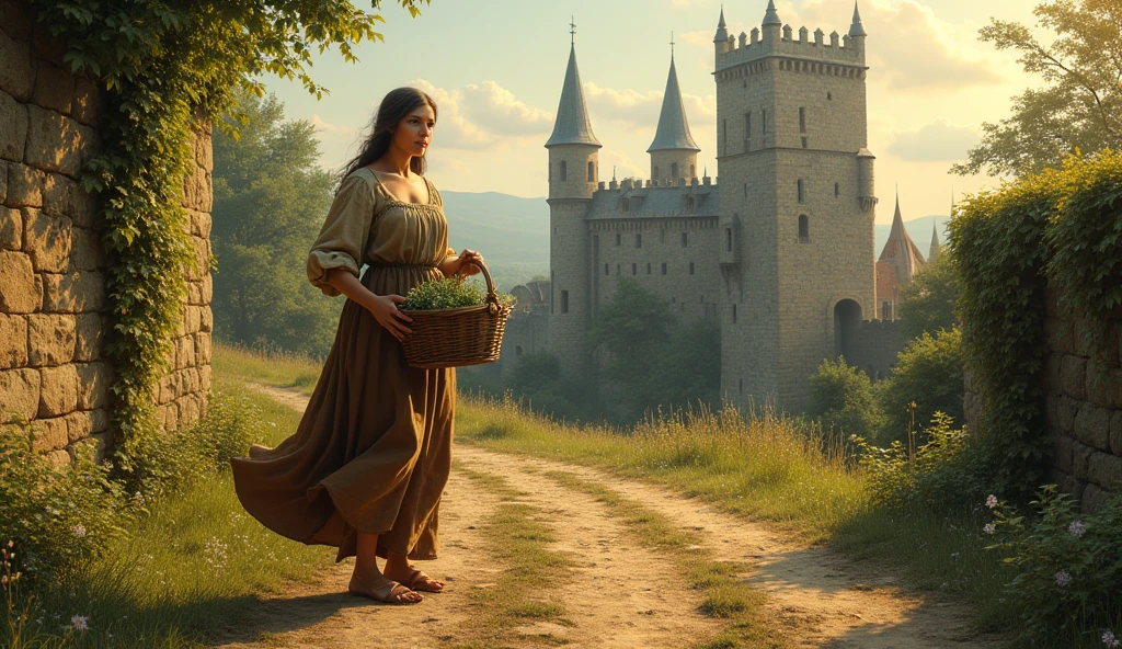 A medieval peasant woman standing on a dirt path, dressed in simple strapless woolen clothing, with a stone castle towering in the background. The scene is set during the golden hour, with the sun casting warm, soft light across the landscape. The castle's tall spires and walls are adorned with ivy, and the woman carries a woven basket filled with freshly picked herbs.Premiado várias vezes, Obra-prima, Anatomicamente correto,