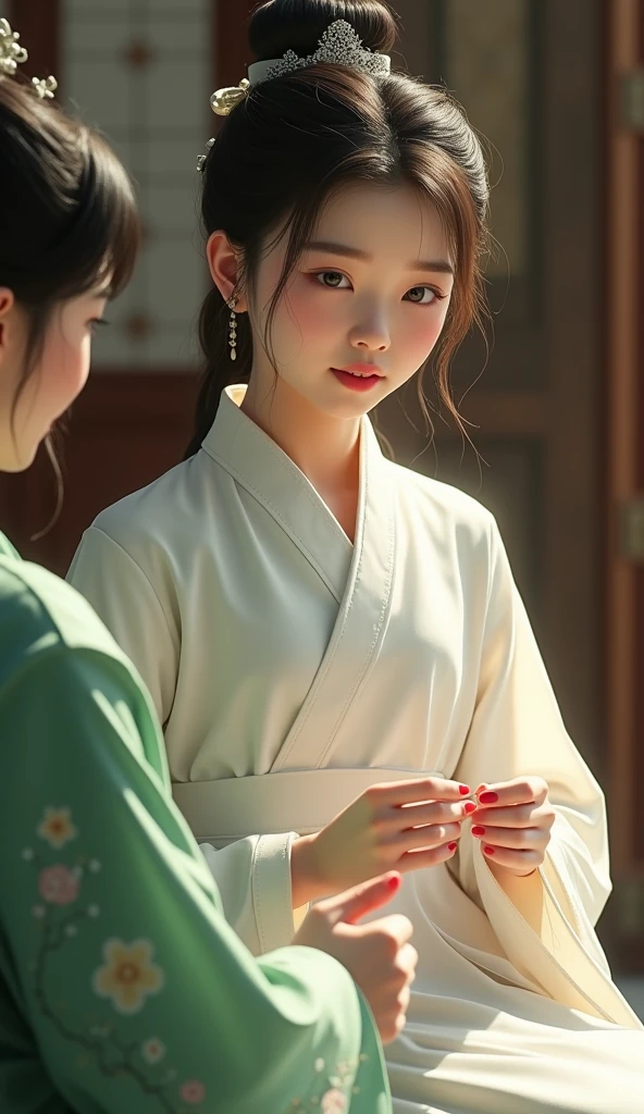 Beautiful chinese young girl in simple white dress and hair tied up with pin and holding needle and thread talking to her maid wearing green chinese servant dress.