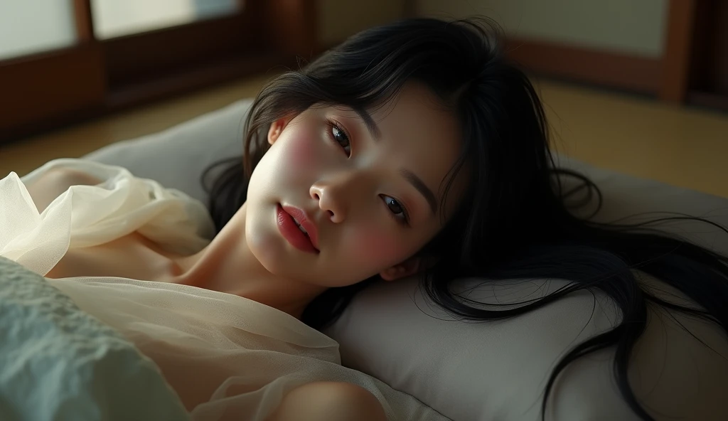 A beautiful woman in her 40s lying down in a Japanese yukata、Transparent yukata、On the tatami、Japanese-style room at night、blush、Half-open eyes、Half-open mouth、Long black hair、