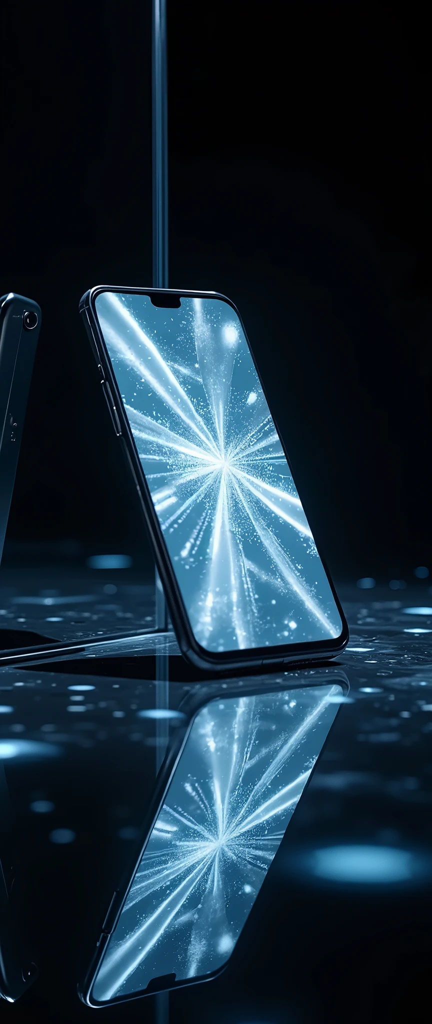 (masterpiece:1.2,Exceptional Quality,mirror-like,Cinematic Experience,Photorealistic:2.0,RAW Photos:2.0),8k,wallpaper,(Geometric patterns of light are projected onto the smartphone screen:2.0),(Smartphone advertising image),(Smartphone propped up at an angle:2.0),(Black background:Mirrored Room 2.0)