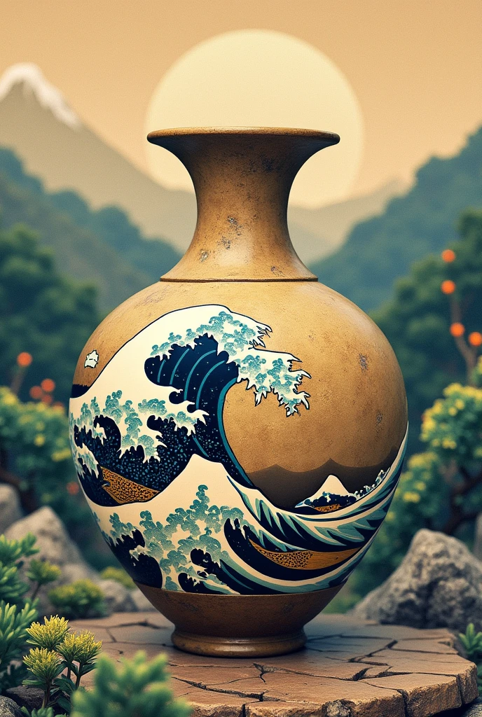 Old pottery, Hokusai paintings, Ukiyoe of large waves,