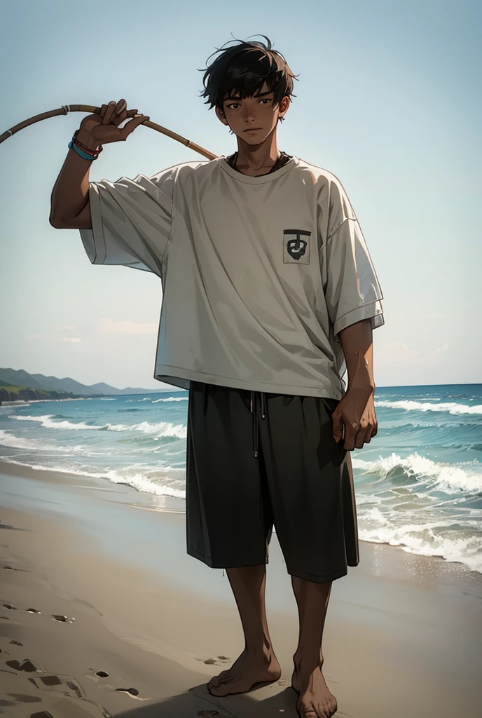 a young fisherman aged 18 years, 172 cm tall, weighing 65 kilograms, beach background, wearing clothes that are quite worn and a little dirty 