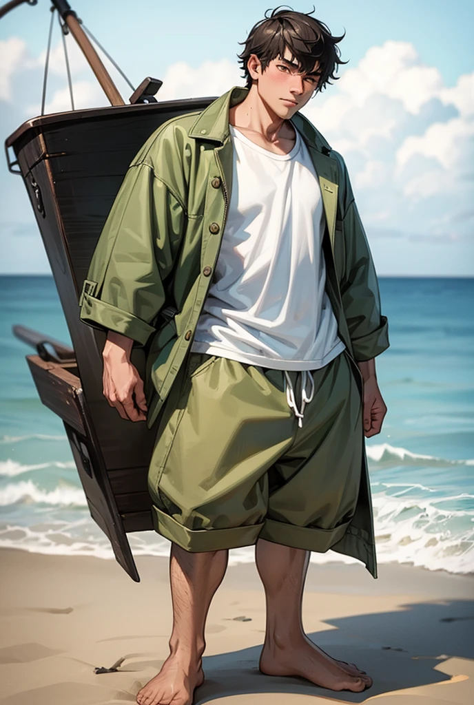 a young fisherman aged 18 years, 172 cm tall, weighing 65 kilograms, beach background, wearing clothes that are quite worn and a little dirty 