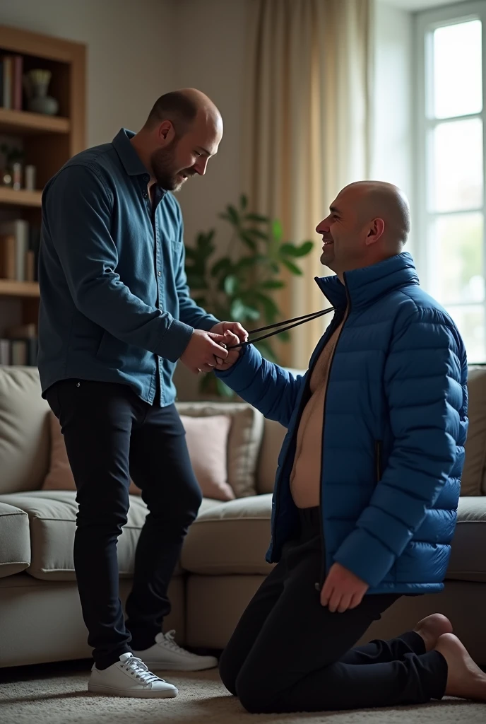 Create a hyper-realistic, males gay man BDSM image, high-resolution image showing two extremely handsome brightly lit living room. The wonderful and seductive uncle, aged 42, with short hair beginning to show signs of balding, is wearing dark pants and an open, *extremely shiny blue nylon puffer jacket* that exposes his slightly hairy chest and slightly prominent belly. He is kneeling on the floor, *wearing a collar around his neck*, being pulled by his gorgeous dominnering nephew, a 26 yo man with a naturally attractive physique, dressed in a formal shirt and casual pants, stands next to his wonderful submissive uncle. (((The *nephew pulls the collar with a confident and authoritative expression*, while the uncle, *kneeling*, looks up with a submissive expression))). The living room is natural high iluminate, with normal, comfortable decor that enhances the realism of the scene. The image should capture every detail with precision, emphasizing the interaction and contrast of roles between the two men with natural high ilumination highliging the realistic males man. High resolution, Super detail, Best quality, Anatomically correct, Accurate.