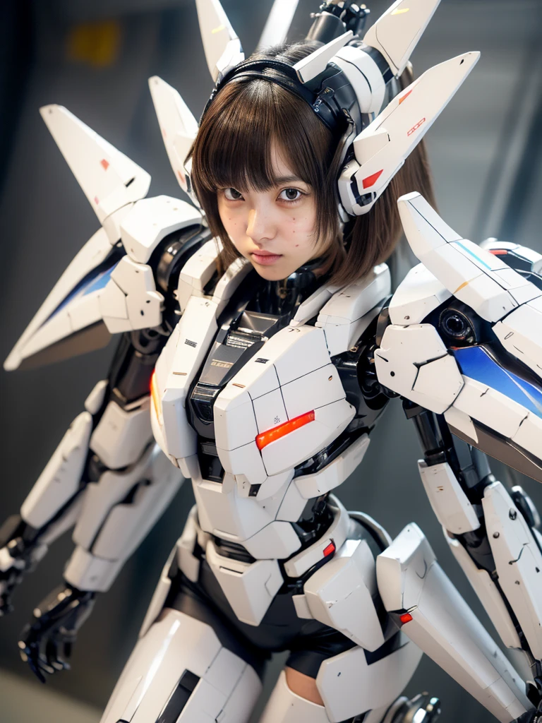 ((masterpiece, hyper quality, highly detailed)), photo realistic, realistic, (ultra high definition: 1.2), High resolution 16k, (Skin texture must be natural:1.5), (Light skin: 1.3), white skin:1.4, (Perfect Anatomy),,japanese high school girl wears only a futuristic Gundam Mecha,(Gundam Mecha), gundam style,with headgear,with gundam style v-fin on the forehead, (mechanical wings),, biomechanics , biomechanics thighs,mechanical shins and feet,visible cleavage,visible groin, android heroine, fully robotized!! girl, perfect android girl, small details. , (cute:1.2), (bob cut:1.3), Black Hair, Thick eyebrows, Light brown iris, Big, bright black eyes, Long eyelashes, Small, light-colored, natural lips, ((Average face of Japanese idols)), (The uniquely Japanese like face:1.3), (baby , Wide forehead:1.2, Plump Cheeks, Small jaw, Detailed thighs,Slim body, in the hangar,looking at viewer,Focus on the eyes 