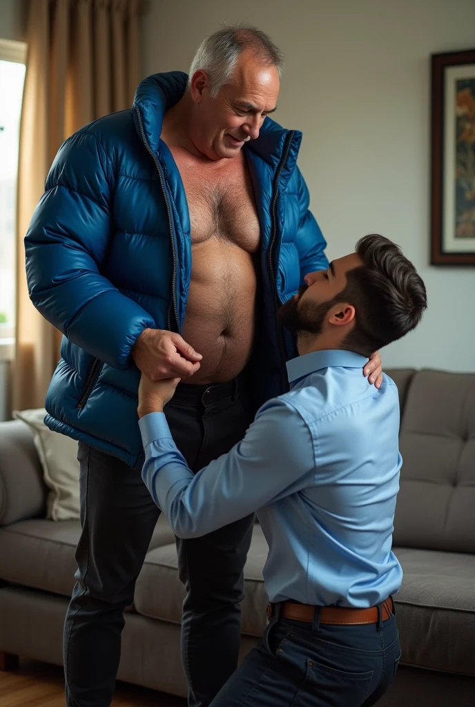 Create a hyper-realistic, high-resolution image showing two extremely handsome brightly lit living room. The wonderful and seductive uncle, aged 42, with short hair beginning to show signs of balding, is wearing dark pants and an open, *extremely shiny blue nylon puffer jacket* that exposes his slightly hairy chest and slightly prominent belly. He is kneeling on the floor, *wearing a collar around his neck*, being pulled by his gorgeous dominnering nephew, a 26 yo man with a naturally attractive physique, dressed in a formal shirt and casual pants, stands next to his wonderful submissive uncle. (((The *nephew pulls the collar with a confident and authoritative expression*, while the uncle, *kneeling*, looks up with a submissive expression))). The living room is natural high iluminate, with normal, comfortable decor that enhances the realism of the scene. The image should capture every detail with precision, emphasizing the interaction and contrast of roles between the two men with natural high ilumination highliging the realistic males man. High resolution, Super detail, Best quality, Anatomically correct, Accurate.