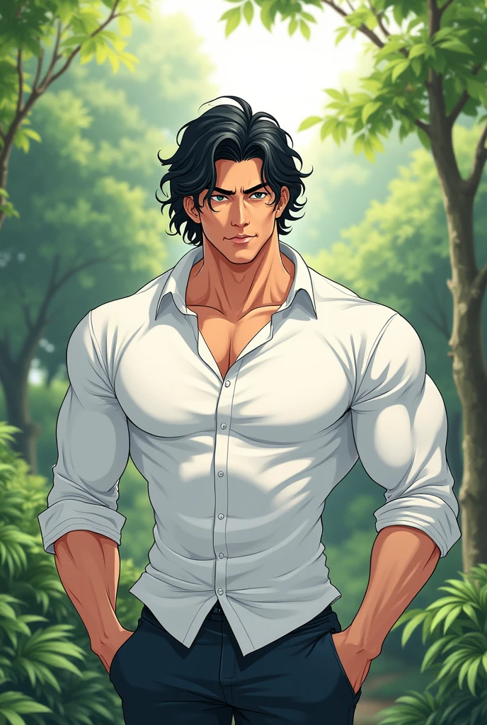 male, adult man, behind, muscle body, black hair, wavy hair, medium length hair,white shirt with long sleeve, relaxed pose, manga style, light colors, garden background, light lighting