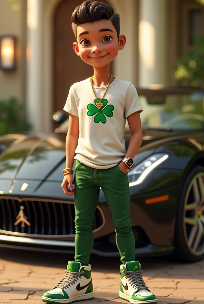 The boy is , with a modern and fashionable style. He wears a white T-shirt with a lucky clover logo on the chest., gold necklace, Apple Watch and gold bracelet, some tight pants and jordan sneakers. He has a neat short hairstyle and a relaxed and confident air.. His expression is one of happiness and enthusiasm, reflecting an extroverted personality. He can be seen in a luxurious environment, like a fancy house or a sports car, which suggests its excellent economic level. His smile and attitude give off a feeling of luck and satisfaction.. Put the text “Emi Rifado”.