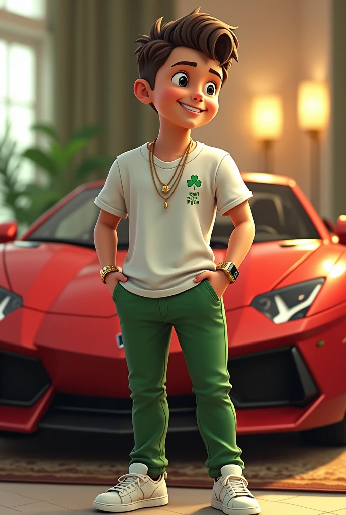 The boy is , with a modern and fashionable style. He wears a white T-shirt with a lucky clover logo on the chest., gold necklace, Apple Watch and gold bracelet, some tight pants and jordan sneakers. He has a neat short hairstyle and a relaxed and confident air.. His expression is one of happiness and enthusiasm, reflecting an extroverted personality. He can be seen in a luxurious environment, like a fancy house or a sports car, which suggests its excellent economic level. His smile and attitude give off a feeling of luck and satisfaction.. Put the text “Emi Rifado”.