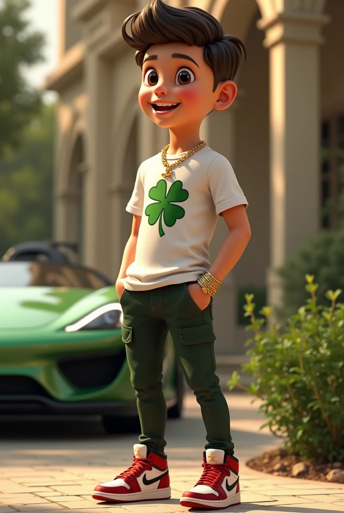 The boy is , with a modern and fashionable style. He wears a white T-shirt with a lucky clover logo on the chest., gold necklace, Apple Watch and gold bracelet, some tight pants and jordan sneakers. He has a neat short hairstyle and a relaxed and confident air.. His expression is one of happiness and enthusiasm, reflecting an extroverted personality. He can be seen in a luxurious environment, like a fancy house or a sports car, which suggests its excellent economic level. His smile and attitude give off a feeling of luck and satisfaction.. Put the text “Emi Rifado”.