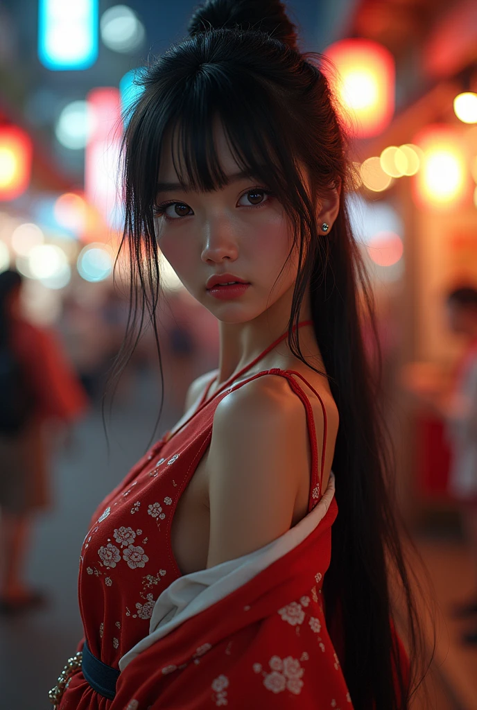 (8k, Realistic, RAW Photos, Highest quality: 1.4, detailed),A Japanese idol-like beautiful girl,1 person,1,(Black Hair),Hair tied up,Large, clear gray eyes,Long eyelashes,(piercings(small)),(Lip gloss),lips(Plump,glossy),thin long neck,Thin and delicate shoulders,yukata(Traditional Japanese cool dress,Long length,Cotton Fabric),Thick obi,She is wearing red-thonged geta sandals on her bare feet.,In her right hand she is carrying a small purse.,Night Festival,Front view,Looking at the camera and smiling sweetly,(Knee Top Portrait: 1.3)