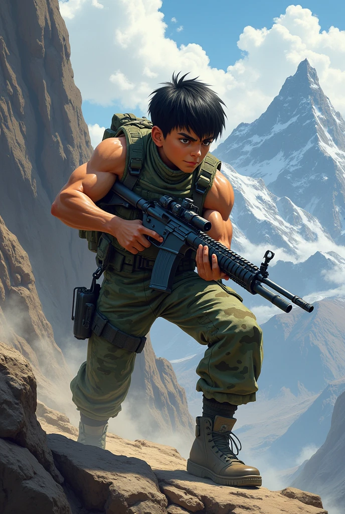 A boy with musclar body with 6 feet height is running on mountains.His hair are black,and eyes are also black.He is wearing army clothes and have a rifle in his hand and firing towards enemy