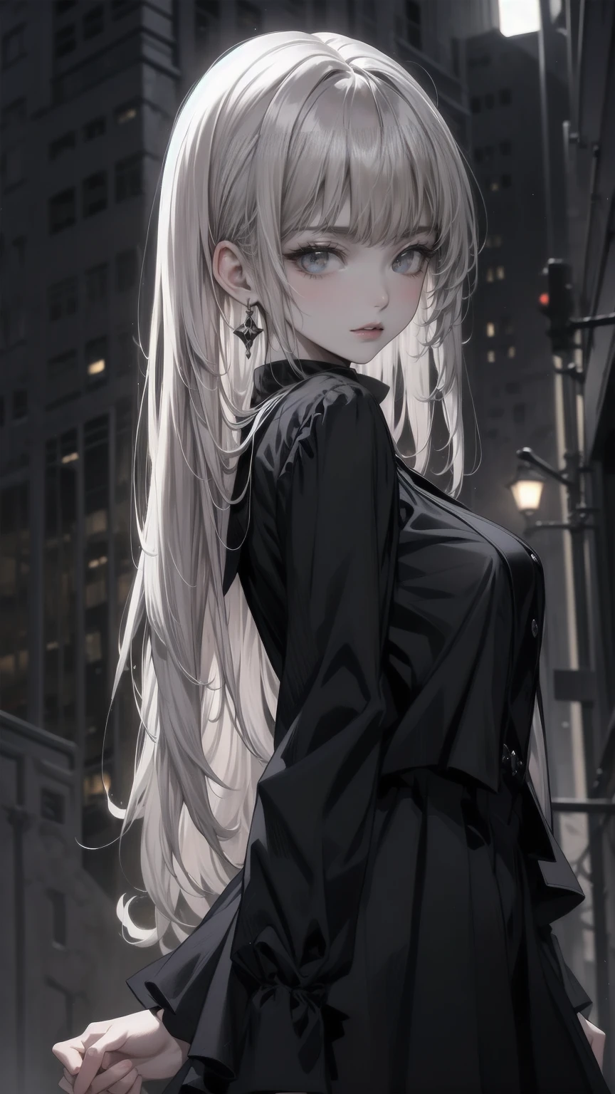 Animation style floating in the jet black night.8K,high quality CG unit wallpaper,masterpiece,high quality,highest quality,superb realistic textured skin,surreal,increased resolution,raw photo,highest quality,high definition,wallpaper,film lighting,ray tracing,golden ratio,broken,gothic attire,large heavy rain is falling. Silhouette of a young woman with red eyes, long shaggy silver hair and a loose silver perm in the city at night. Crazy look, shot from a distance or from below.