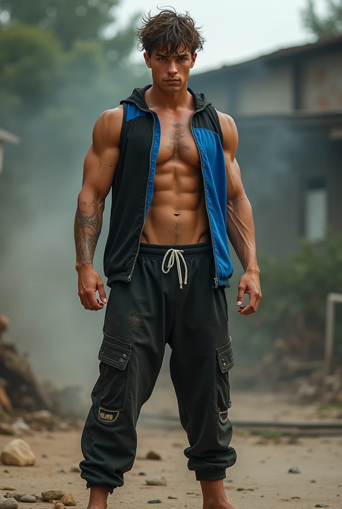 Young barefoot muscular rusty age himbo guy with hot libireet fighter. Trains on an abandoned outdoor sports ground. Sweaty athletic trained body with steam coming from it. Brown eyes, very short brown sweaty hair. Unbuttoned black blue ripped sleeveless sports jacket, black worn sweaty sweatpants. A pose showing sweaty abs, bare feet and heels. The wound is from a gunshot wound. full height