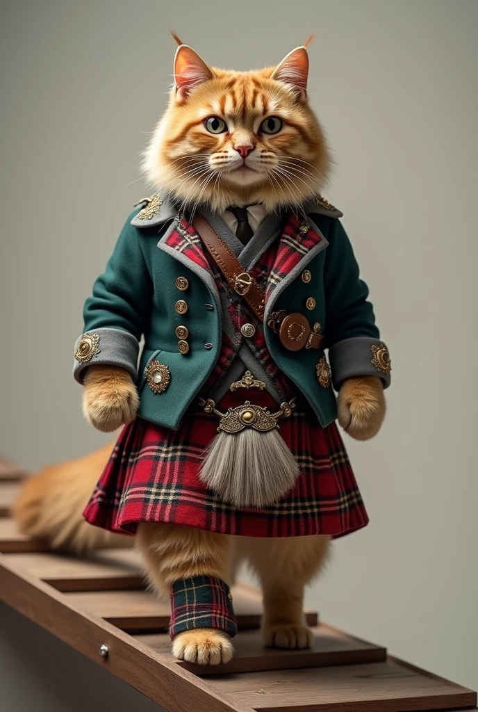 A sturdy British Shorthair cat dressed in a traditional Scottish kilt, with a tartan pattern, sporran, and a tailored jacket. The cat strides down the ramp on two legs, holding its head high as it displays the cultural attire.