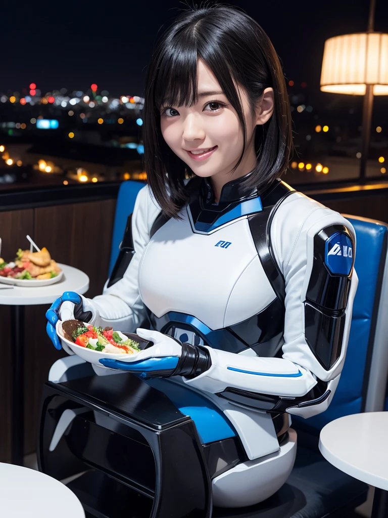 Japanese female android,Black Hair,White and blue robot suit,Plump,Eating at a restaurant with a night view,smile