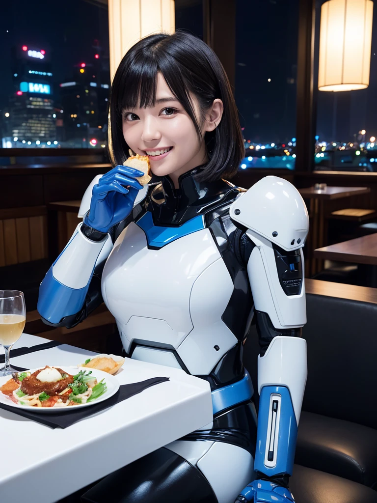 Japanese female android,Black Hair,White and blue robot suit,Plump,Eating at a restaurant with a night view,smile