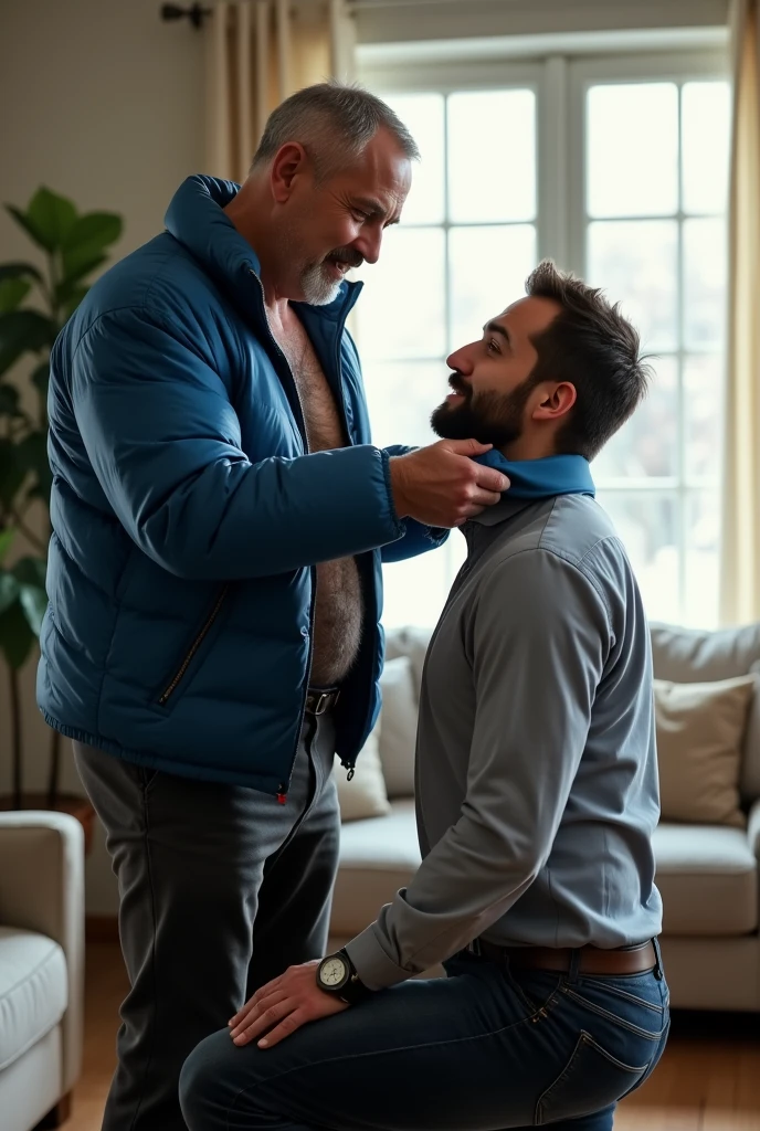 Create a hyper-realistic, high-resolution image showing two extremely handsome brightly lit living room. The wonderful and seductive uncle, aged 42, with short hair beginning to show signs of balding, is wearing dark pants and an open, *extremely shiny blue nylon puffer jacket* that exposes his slightly hairy chest and slightly prominent belly. He is kneeling on the floor, *wearing a collar around his neck*, being pulled by his gorgeous dominnering nephew, a 26 yo man with a naturally attractive physique, dressed in a formal shirt and casual pants, stands next to his wonderful submissive uncle. (((The *nephew pulls the collar with a confident and authoritative expression*, while the uncle, *kneeling*, looks up with a submissive expression))). The living room is natural high iluminate, with normal, comfortable decor that enhances the realism of the scene. The image should capture every detail with precision, emphasizing the interaction and contrast of roles between the two men with natural high ilumination highliging the realistic males man. High resolution, Super detail, Best quality, Anatomically correct, Accurate.