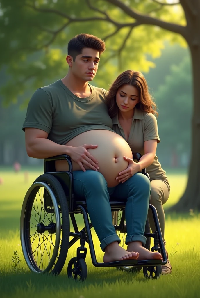 A attractive young man with an enormous big belly is trying to stand up from his wheelchair. But he can’t. A women is sitting on his lap.They both look sad. They are in the park.