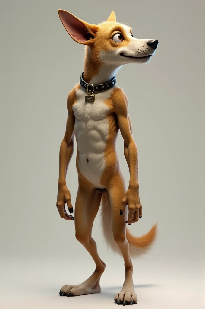 A dog with a human body named max with a tag on it’s neck 