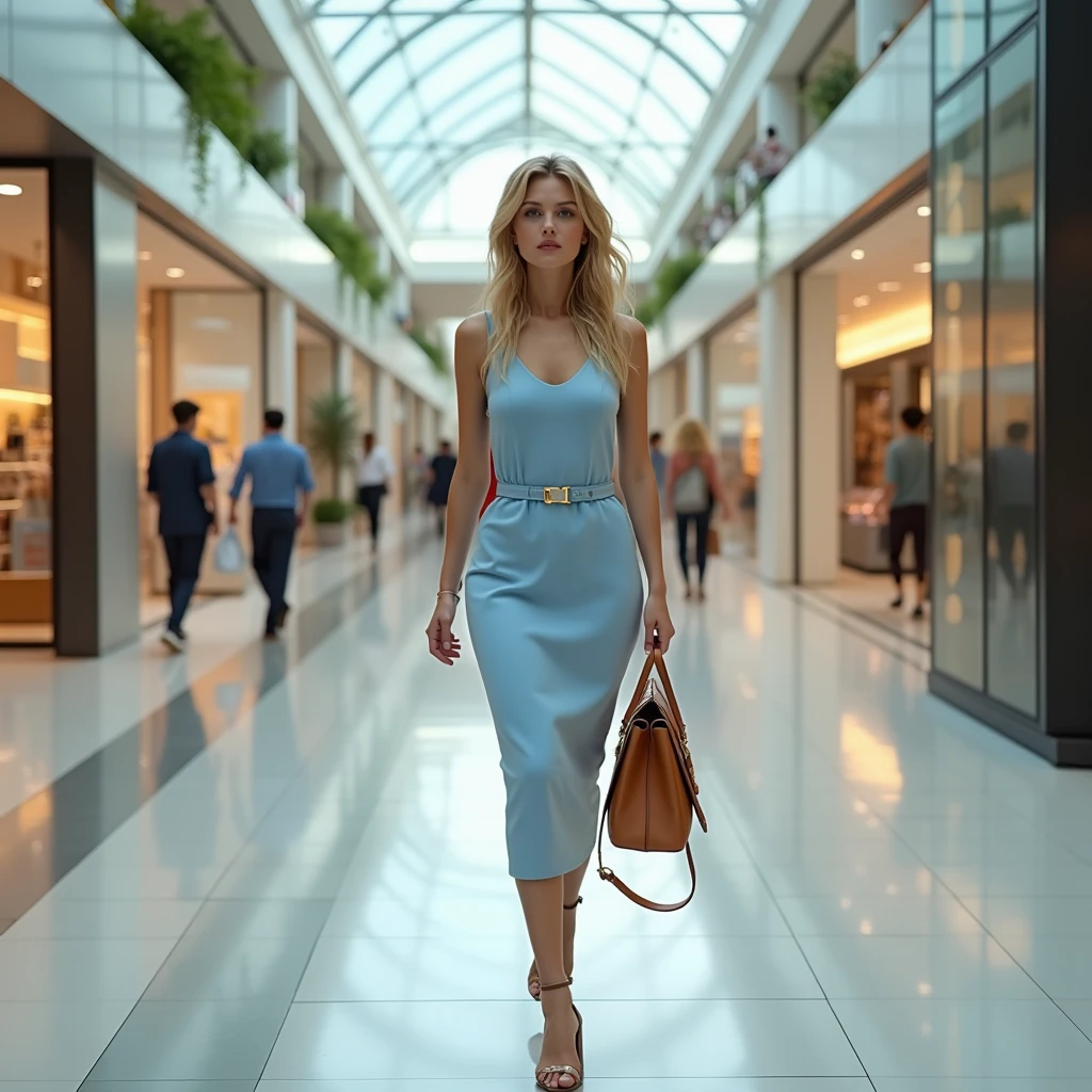 Blonde woman in a tight, light blue dress, belted waist, shoping in the mall Athens