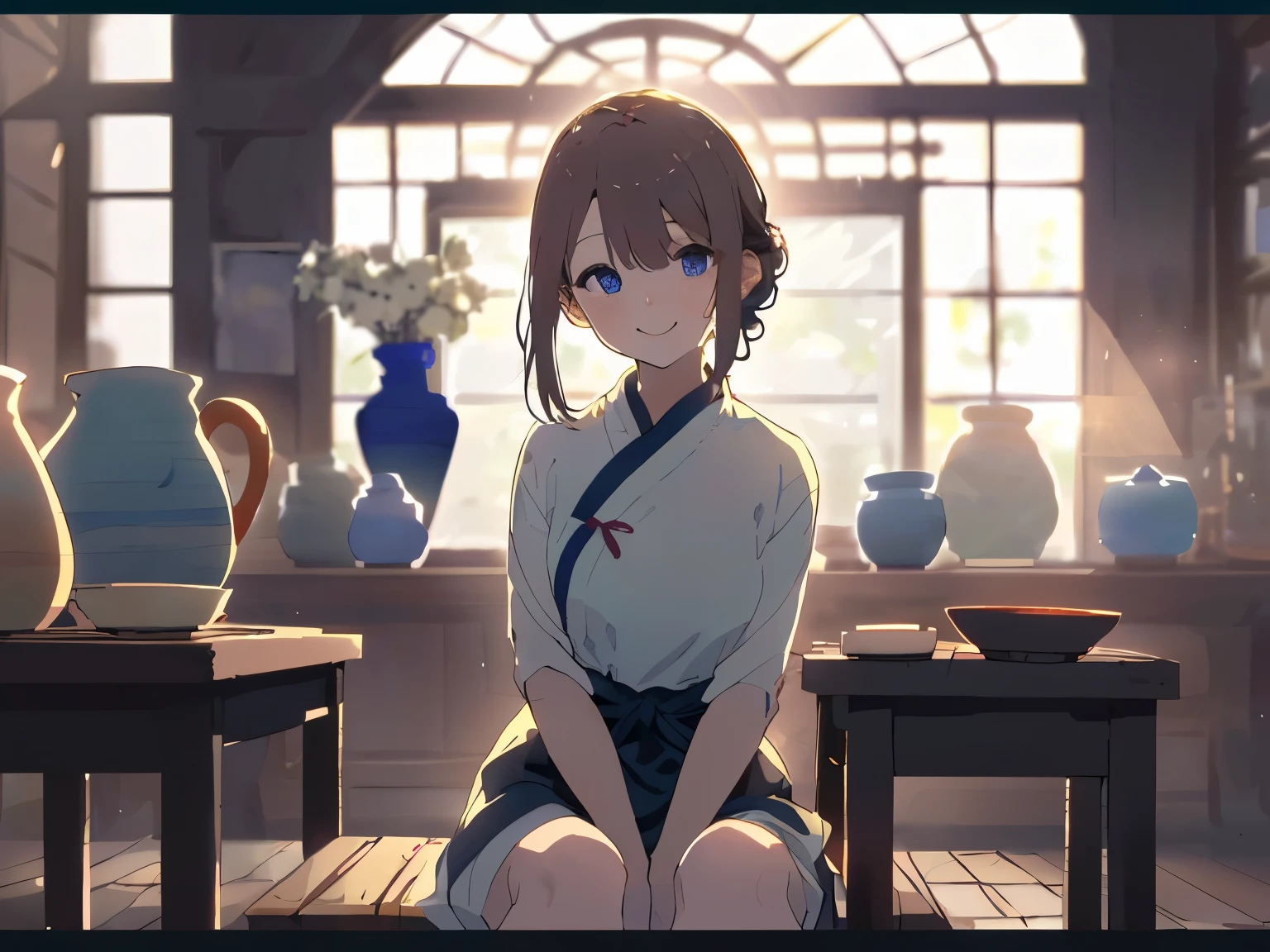 best quality, masterpiece, (Transparent ceramics at the forefront of the screen:1.3)、(The woman making pottery in the foreground is blurred and smiling in the background.:1.3)、(Sitting and making pottery:1.3)、(Hair tied back)、(White highlight in pupil:1.2)、(Dark blue eyes)、(Wooden pottery room)、(Beautifully blurred background makes women stand out:1.3)、(A woman is bathed in soft light:1.3)