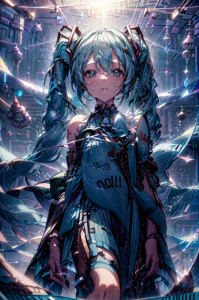 Hatsune Miku VOCALOID, 1 Girl, Chinese_Clothes, Sitting, White and pink,Cyber Hanfu, China dress, cyber punk city, Dynamic pose, Head ornament, hair ornaments, Long Hair, cyber punk, High-tech city, Full of machinery and futuristic elements, Futurism, technology