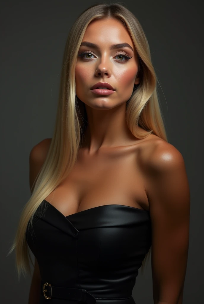 a very realistic and detailed photo of beautiful swiss woman l, black skirt, perfect makeup, long sleek straight blonde hair, high quality, photorealistic, 8k, luxury, elegant, sophisticated, confident, studio lighting, cinematic, piercing eyes, full lips, olive skin 