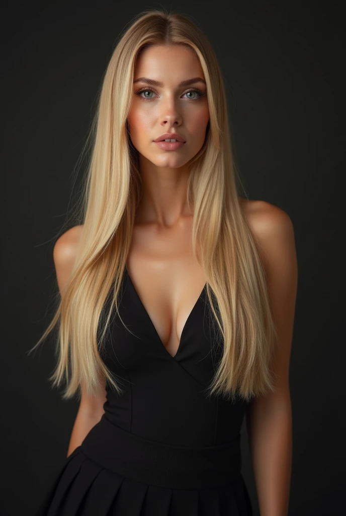 a very realistic and detailed photo of beautiful swiss woman l, black skirt, perfect makeup, long sleek straight blonde hair, high quality, photorealistic, 8k, luxury, elegant, sophisticated, confident, studio lighting, cinematic, piercing eyes, full lips, olive skin