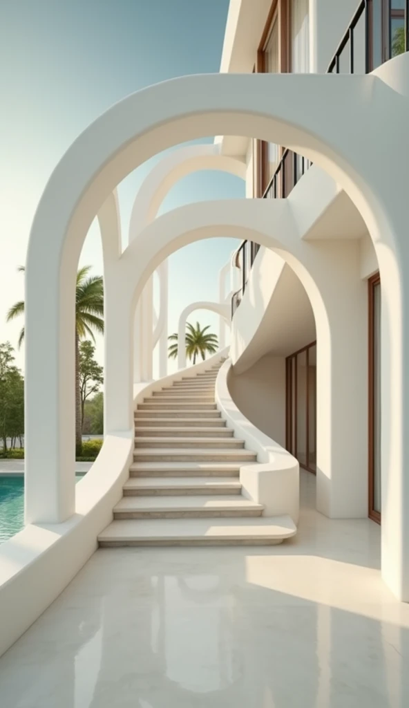 professional photograph of a ball villa,__perspective__, bold lines, hyper detailed, warm natural lighting, cinematic, film grain, laying , bali villa with tropical plants and palm trees in the background, cream stone stairs and cut out archs, (intricate details, masterpiece, best quality:1.4),hyper detailed, bright extensive palette, warm natural lighting, cinematic, film grain, depth of field, (intricate details, masterpiece, best quality:1.4), mesmerizing, dynamic, dramatic, sensual, dynamic pose, highly detailed, bestRay tracing, light