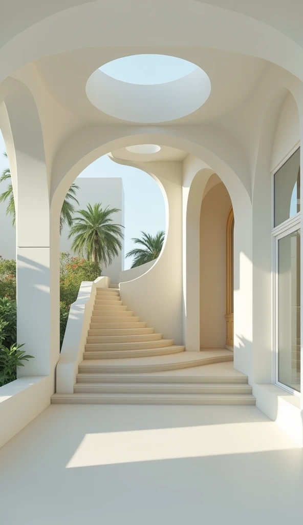 professional photograph of a ball villa,__perspective__, bold lines, hyper detailed, warm natural lighting, cinematic, film grain, laying , bali villa with tropical plants and palm trees in the background, cream stone stairs and cut out archs, (intricate details, masterpiece, best quality:1.4),hyper detailed, bright extensive palette, warm natural lighting, cinematic, film grain, depth of field, (intricate details, masterpiece, best quality:1.4), mesmerizing, dynamic, dramatic, sensual, dynamic pose, highly detailed, bestRay tracing, light