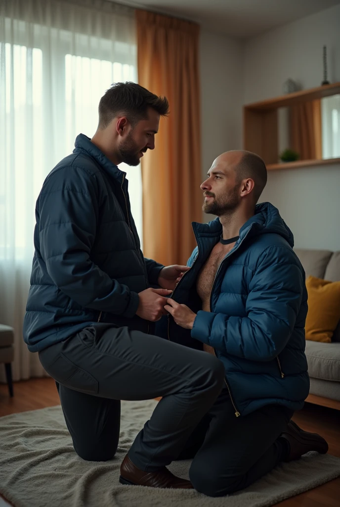 Create a hyper-realistic, males gay man BDSM image, high-resolution image showing two extremely handsome  brightly lit living room. The wonderful and seductive uncle, aged 42, with short hair beginning to show signs of balding, is wearing dark pants and an open, *extremely shiny blue nylon puffer jacket* that exposes his slightly hairy chest and slightly prominent belly. He is kneeling on the floor, *wearing a collar around his neck*, being pulled by his gorgeous dominnering nephew, a 26 yo man with a naturally attractive physique, dressed in a formal shirt and casual pants, stands next to his wonderful submissive uncle. (((The *nephew pulls the collar with a confident and authoritative expression*, while the uncle, *kneeling*, looks up with a submissive expression))). The living room is natural high iluminate, with normal, comfortable decor that enhances the realism of the scene. The image should capture every detail with precision, emphasizing the interaction and contrast of roles between the two men with natural high ilumination highliging the realistic males man. High resolution, Super detail, Best quality, Anatomically correct, Accurate.